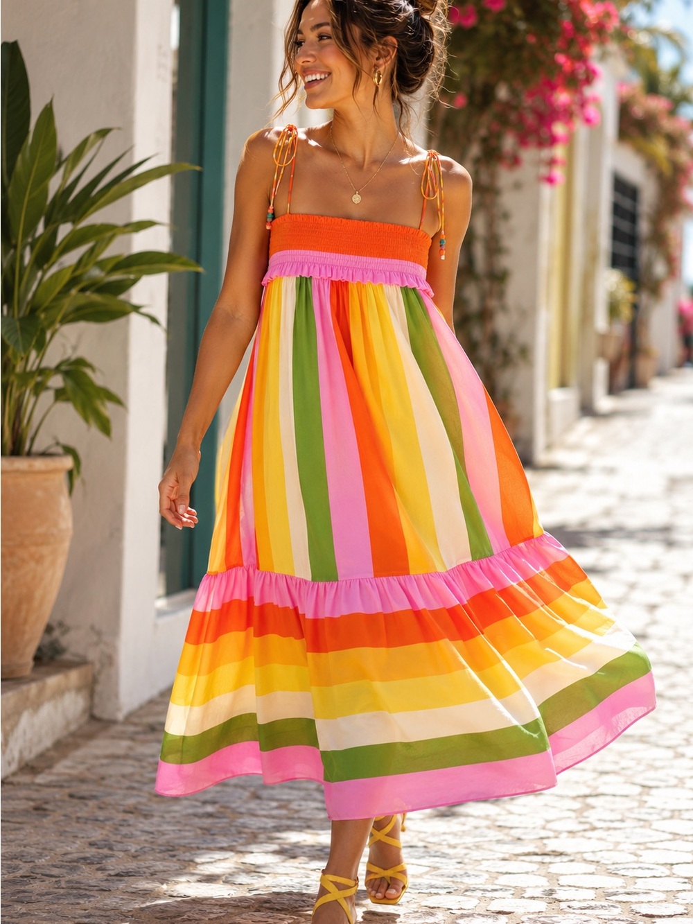 FARM Rio Rainbow Stripe Smocked Cotton Midi Dress Pockets M NWOT